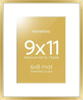 Homeforia 9x11 Gold Frame, High End Metal 9 x 11 Picture Frames with Mat 6 by 8 inch Photo, 9by11 Thin Poster Frame Matted to 6x8 Print, 11x9 Wall or Tabletop Frame, Tempered Glass, Wall Kit, Set of 1