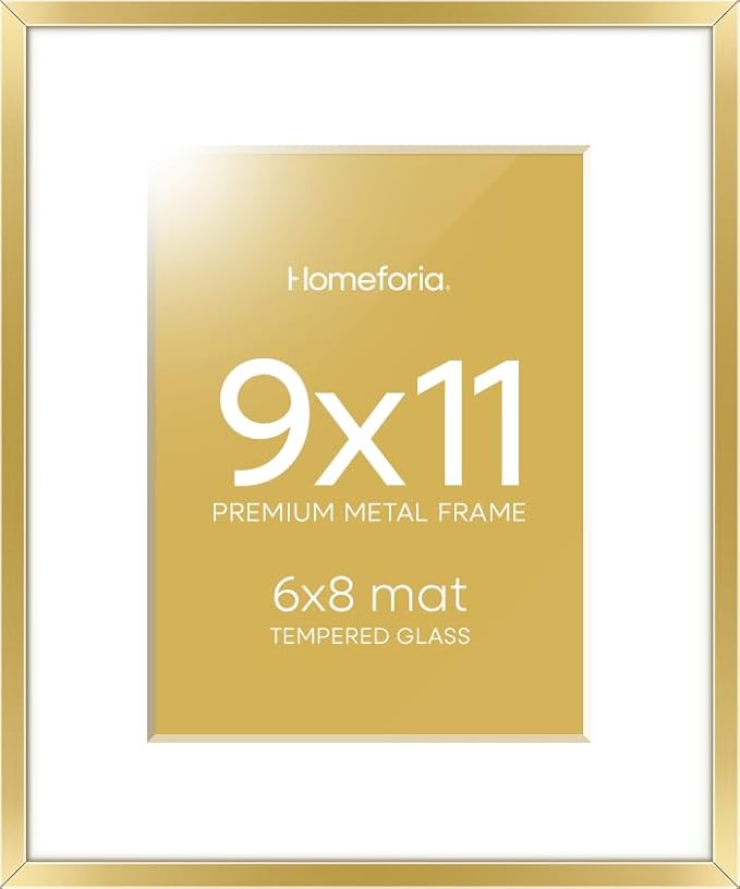 Homeforia 9x11 Gold Frame, High End Metal 9 x 11 Picture Frames with Mat 6 by 8 inch Photo, 9by11 Thin Poster Frame Matted to 6x8 Print, 11x9 Wall or Tabletop Frame, Tempered Glass, Wall Kit, Set of 1