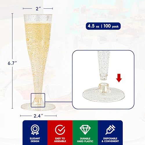 JOLLY CHEF Plastic Champagne Flutes 4.5 oz 100 Pack Gold Glitter Glasses - Image 2