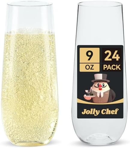 JOLLY CHEF 24 Pack 9 oz Stemless Plastic Champagne Flutes Crystal Glasses by JOLLYCHEF