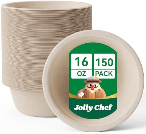Compostable Disposable Paper Bowl 16 oz Heavy Duty Soup Containers 150 Pack by JOLLYCHEF