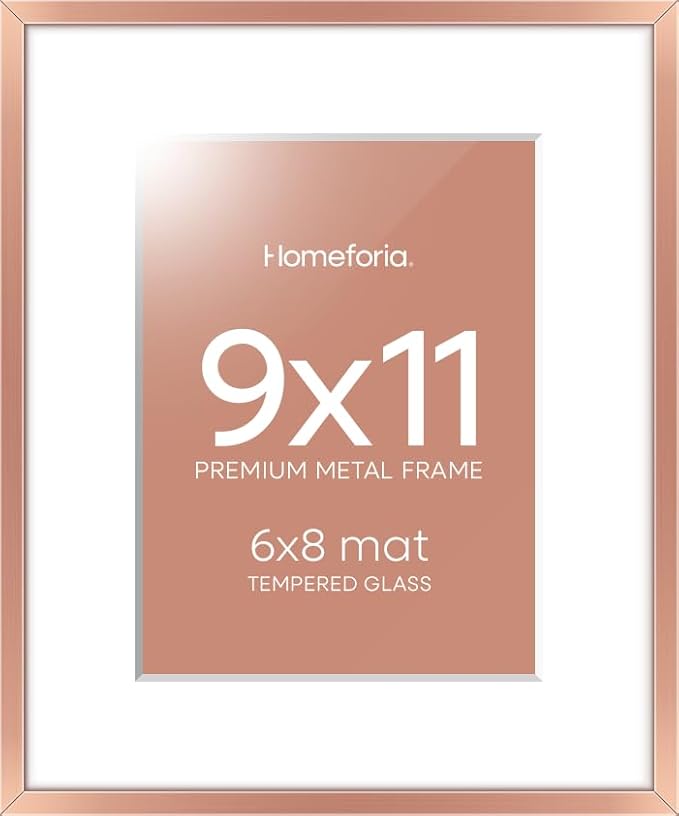 Homeforia 9x11 Rose Gold Frame, High End Metal 9 x 11 Picture Frames with Mat 6 by 8 inch Photo, 9by11 Poster Frame Matted to 6x8 Print, 11x9 Wall or Tabletop Frame, Tempered Glass, Wall Kit, Set of 1