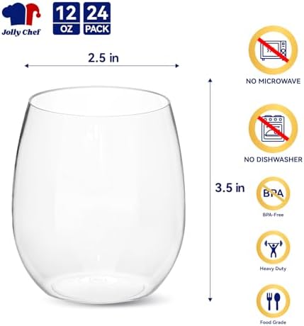 JOLLY CHEF 24 Pack 12oz Plastic Wine Glasses Stemless, Disposable Wine Cups - Image 2
