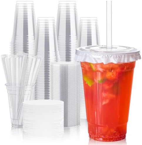 JOLLY CHEF 20 oz Plastic Cups with Lids and Straws 100 Sets Clear by JOLLYCHEF
