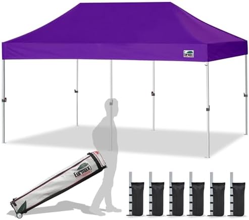 Eurmax USA Standard 10'x20' Patio Pop Up Canopy Tent Commercial Instant Canopies with Heavy Duty Roller Bag,Bonus 6 Sand Weights Bags(Purple)