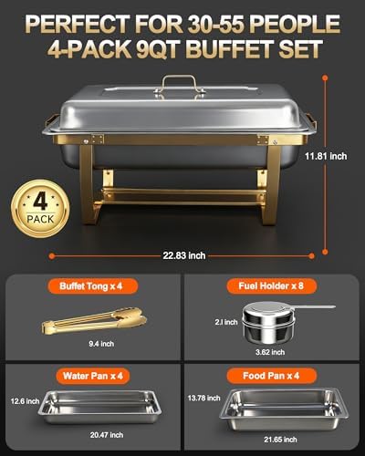 Chafing Dishes for Buffet, 4 Pack 9 QT Rectangular Stainless Steel Catering Chafer with Lids, Buffet Servers and Warmers, Food Warmers for Parties Buffet, Home, Wedding, Christmas Gatherings, (Golden) - Image 6