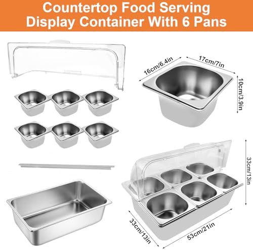 Countertop Food Serving Display Container with Clear Roll Top Cover, Catering Supplies Buffet Display, Perfect Salad Bar Buffet Station for Home and Catering Supplies, Cold Food Buffet Server(6 Pan) - Image 3