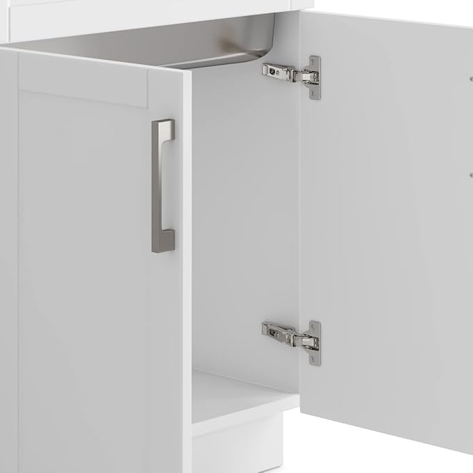 SIMPLIHOME Hennessy All-in-One 28 inch Wide Utility Sink and Laundry Cabinet in Pure White Finish, Transitional Stainless Steel Sink Cabinet for Laundry Rooms with High-Arch Chrome Faucet and Storage