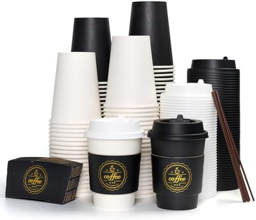 JOLLY CHEF 100 Pack 12 oz Disposable Coffee Cups with Lids Sleeves Stirrers by JOLLYCHEF