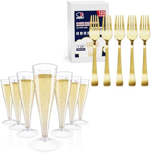 JOLLY CHEF 4.5 oz Clear Plastic Champagne Glasses 125 Count Gold Plastic Disposable Forks by JOLLYCHEF