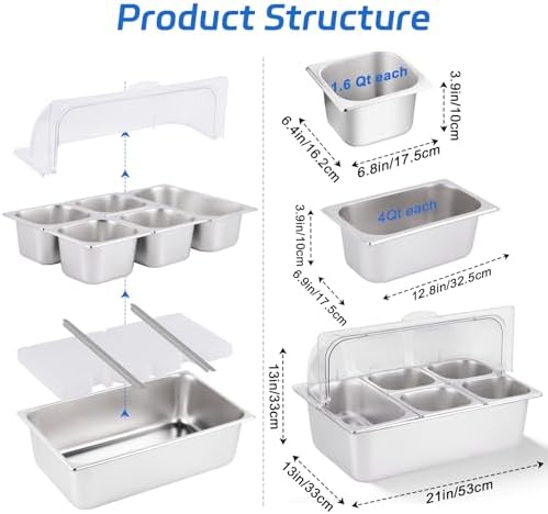 Cold Food Buffet Server 5 Pans (4 Pans×1.6Qt & 1 Pan×4QT) with Ice Packs for Salad Pizza Sauce Colded Serving Trays Condiments Containers for Parties Buffet - Image 6