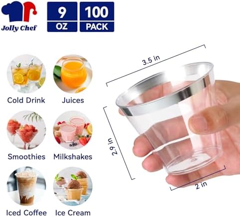 JOLLY CHEF 9 oz Plastic Cups Silver Rimmed Disposable Cups 100 Pack - Image 2