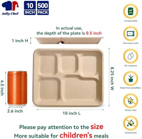 Compostable 5 Compartment 10*8.25*1 Inch 500 Pack Heavy Duty Paper Plates - Image 2