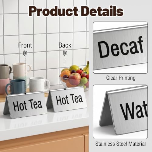 7Pcs Stainless Steel Coffee Table Tent Signs, 3.9 x 2.4 Inch Double Sided Beverage Display Stand for Cafe Buffet Restaurant Party (Coffee, Decaf, Hot Tea, Iced Tea, Hot Water, Cream, Milk) - Image 4