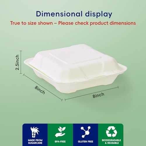 8" Sugarcane to go food containers, 3-Compartment Clamshell Food Containers - Image 2