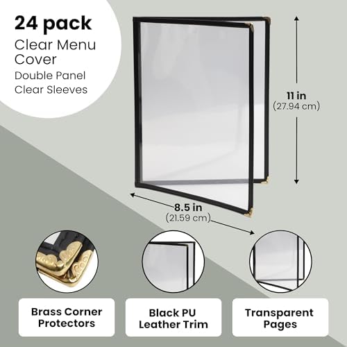 Juvale 24 Pack Clear Restaurant Menu Covers - 8.5 x 11 in Bifold Holders with Double Panels, Black PU Leather & Brass Corners, Durable PVC - Stylish Menu Holders for Restaurants, Cafes & Food Trucks - Image 2