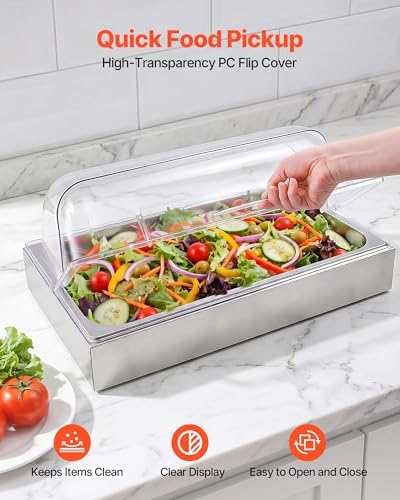 VEVOR Countertop Food Serving Display Container, 2 Tier Stainless Steel Food Salad Server Tray, Buffet Condiment Dispenser, Ice Cooled Rack with Clear Roll Top Cover, for Restaurant Hotel (1/1 Pan x2) - Image 4