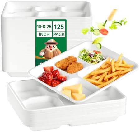 Compostable 5 Compartment 10*8.25*1 Inch 125 Pack Heavy Duty Paper Plates by JOLLYCHEF