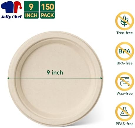 JOLLY CHEF 9 Inch Paper Plates Disposable Compostable Nature 150 Pack - Image 5