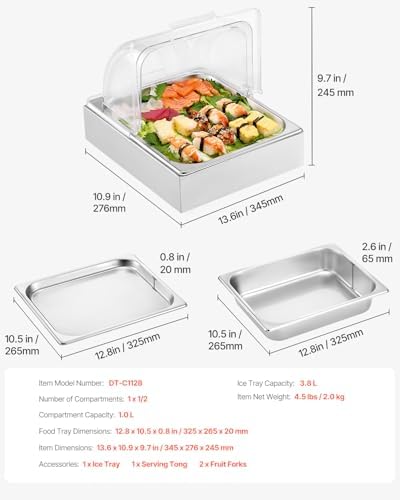 VEVOR Countertop Food Serving Display Container, 1 x 1/2 Pan Stainless Steel Food Serving Tray, Buffet Condiment Dispenser Display Rack with Clear Lid & Ice Tray, for Restaurant Hotel Kitchen Party - Image 7
