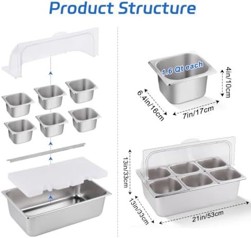 Cold Food Buffet Server 9.6Qt (6 Pans×1.6Qt) with Ice Packs for Salad Pizza Sauce Colded Serving Trays Condiments Containers for Parties Buffet - Image 6
