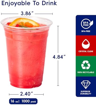 JOLLY CHEF 16 oz Plastic Cups, 1000 Pack Disposable Clear Drinking Cups - Image 2