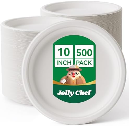 Compostable Heavy Duty 10 Inch 500 Pack Disposable Eco-Friendly Paper Plate by JOLLYCHEF