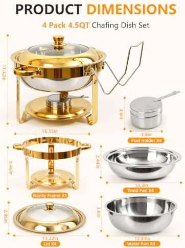 Chafing Dishes for Buffet, 4 Pack 4.5QT Round Chafing Dishes, Gold Stainless Steel Chafing Dish Buffet Set with Glass Lid and Lid Holder for Home Parties, Wedding,Catering Events - Image 2