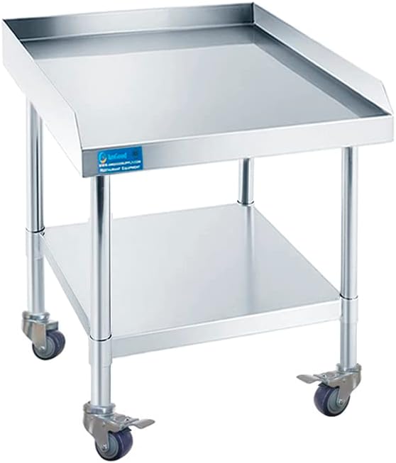Stainless Steel Rolling Equipment Grill Table Stand | 24" x 24" Work Table with Undershelf & 4 Casters (2 with Brakes) | Mobile Prep Station for Kitchen or Utility Use
