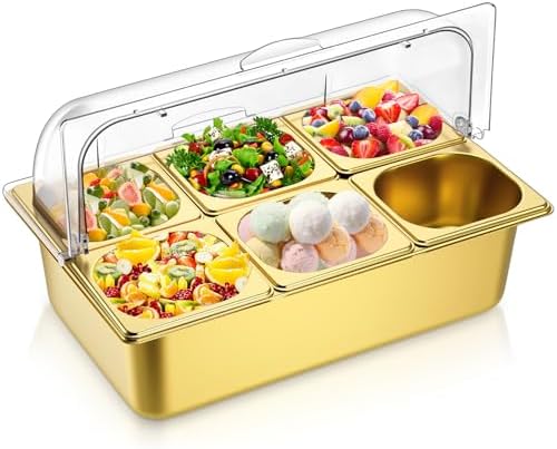 Ziliny 6 Pan Cold Food Buffet Server with Lid Salad Bar Station, Gold by Ziliny