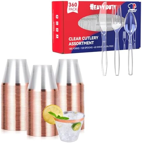 JOLLY CHEF 9 oz Clear Plastic Tumblers, 180 Forks, 120 Spoons, 60 Knives, Heat Resistant Disposable Utensils Set by JOLLYCHEF