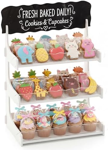 HOTCAN Cookie Display Stand for Bakers & Vendors with Acrylic Front | Wooden Dessert Stand with Chalkboard Sign for Market Booths, Craft Fairs & Events | 3 Tiered Cookie Display for Cupcakes, Muffins & Pastries (White) by HOTCAN