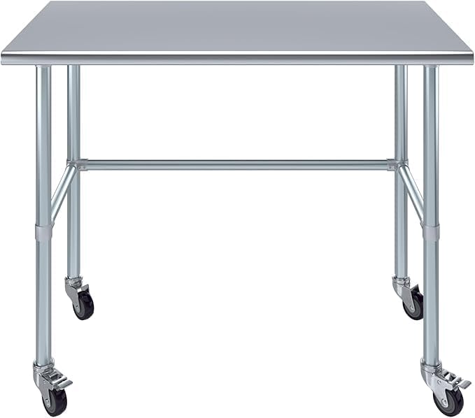 Mobile Metal Utility Prep Table | Heavy-Duty Commercial Work Station | NSF Certified (Stainless Steel Work Table Open Base + Casters) (48" Long x 24" Deep)