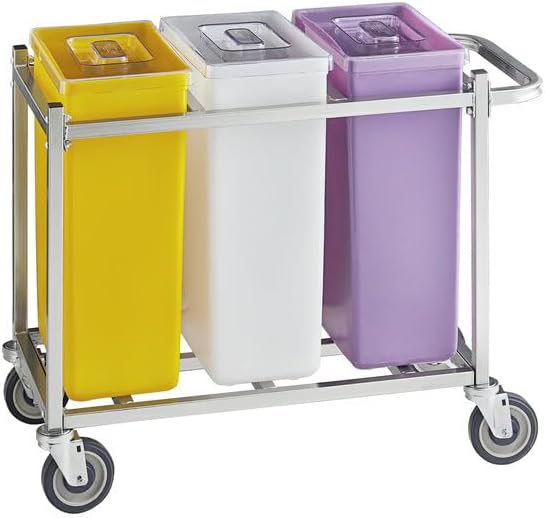 Mobile Triple Ingredient Storage Bin, 30 Gallon Capacity, Yellow/White/Purple, with Cart and Clear Lids, Commercial Kitchen Container, 36.5x17x29 Inches