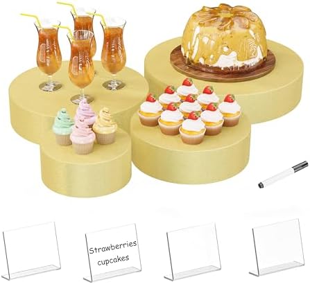 Round Metal Buffet Risers,4PCS Food Risers for Buffet Table 6in to 12in with Mini Acrylic Signs for Catering Dessert Collectibles Jewelry Figures Show Gold Cube Boxes Nesting Risers with Hollow Bottoms by YFEEN