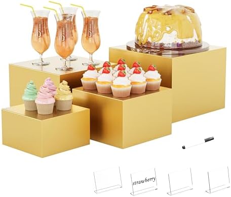 Metal Buffet Risers,4PCS Food Risers for Buffet Table 5in to 8in Display Stand with Mini Acrylic Signs for Catering Dessert Collectibles Jewelry Figures Show Gold Cube Boxes Nesting Risers with Hollow Bottoms by YFEEN