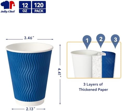 JOLLY CHEF Paper Coffee Cups 12 oz 120 Pack Insulated Paper Cups Blue - Image 2