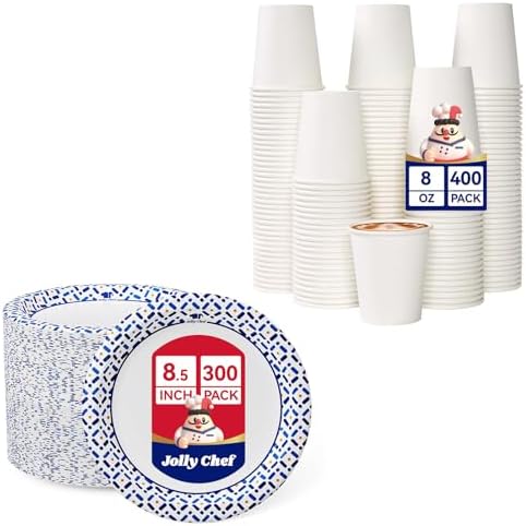 JOLLY CHEF 400 Pack 8 oz Paper Coffee Cups White Beverages Drinking Cups for Coffee and 300 Count 8.5 Inch Paper Plates for Everyday Use, Picnic, Family Gatherings, Parties by JOLLYCHEF
