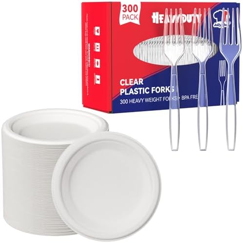 JOLLY CHEF 100% Compostable Small Paper Plates, 7.1" Heat Resistant Solid and Durable Plastic Forks Disposable by JOLLYCHEF