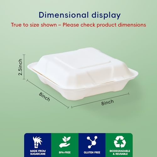 8" 50 Pack Sugarcane Clamshell Take Out Food Containers 1 Compartment - Image 2