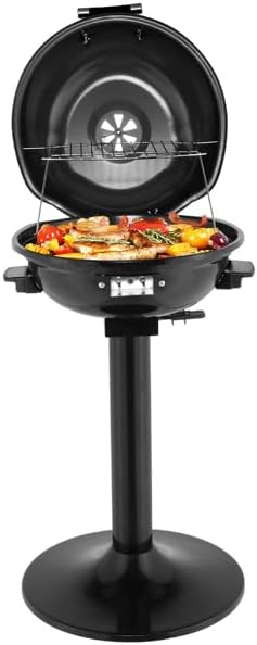 Electric BBQ Grill with Stand, 1600W Portable Outdoor/Indoor Grill with Interlocking Hood, Temperature Control & Warming Rack, Non-Stick Surface with Oil Collection Tray for Patio & Balcony