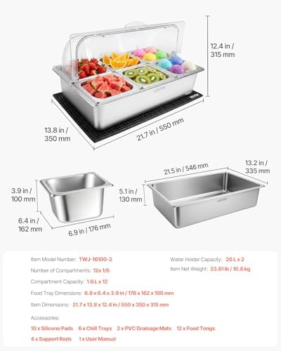 VEVOR Countertop Food Serving Display Container, Stainless Steel Food Salad Server Tray, Buffet Condiment Dispenser, Ice Cooled Rack with Clear Roll Top Cover, for Restaurant Hotel (6x1/6 Pan x2) - Image 7