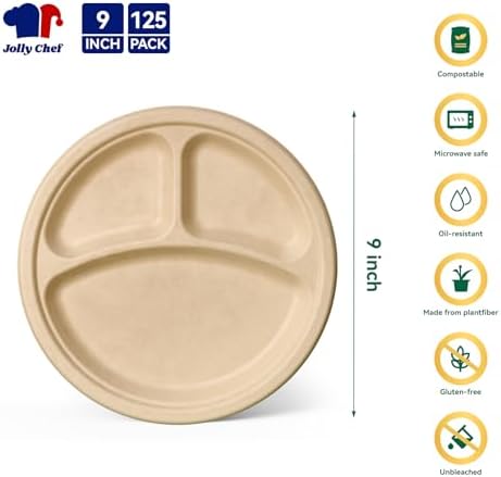 JOLLY CHEF Heavy Duty Compostable 3 Compartment Paper Plate 9 Inch 125 Pack - Image 2