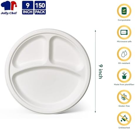 JOLLY CHEF Heavy Duty Compostable 3 Compartment Paper Plate 9 Inch 150 Pack - Image 2