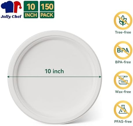 JOLLY CHEF Paper Plates 10 Inch, White Compostable Paper Plates 150 Pack - Image 5