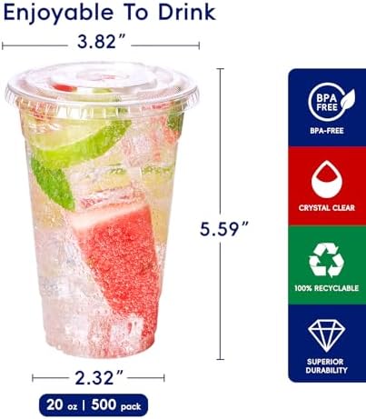 JOLLY CHEF 500 Pack 20 oz Clear Plastic Cups with Flat Lids, PET Clear Cups - Image 2