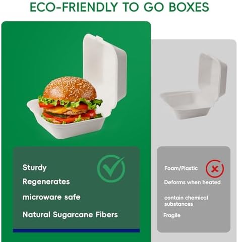 6" Sugarcane to go food containers, 1-Compartment Clamshell Food Containers - Image 7