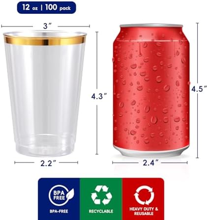 JOLLY CHEF 100 Pack Gold Plastic Cups, 12oz Clear Disposable Cups for Party - Image 2