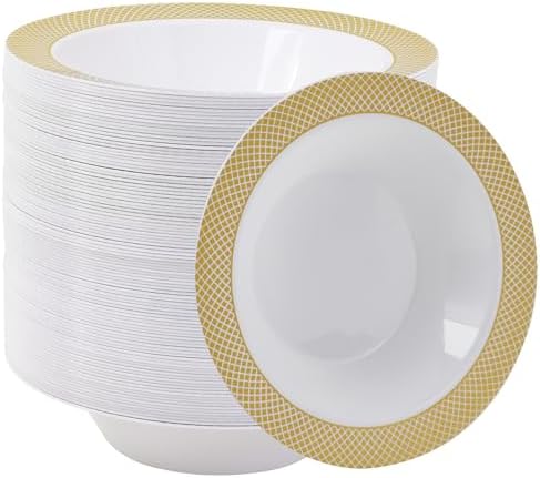 JOLLY CHEF Plastic Bowls with Gold Grid Rim Disposable 12oz Bolws 100Pack by JOLLYCHEF