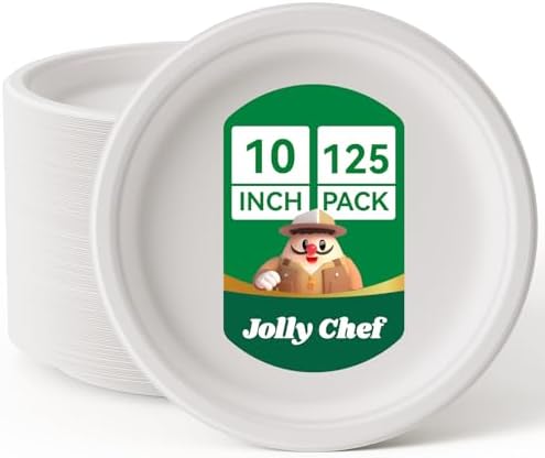 Compostable Heavy Duty 10 Inch 125 Pack Disposable Eco-Friendly Paper Plate by JOLLYCHEF